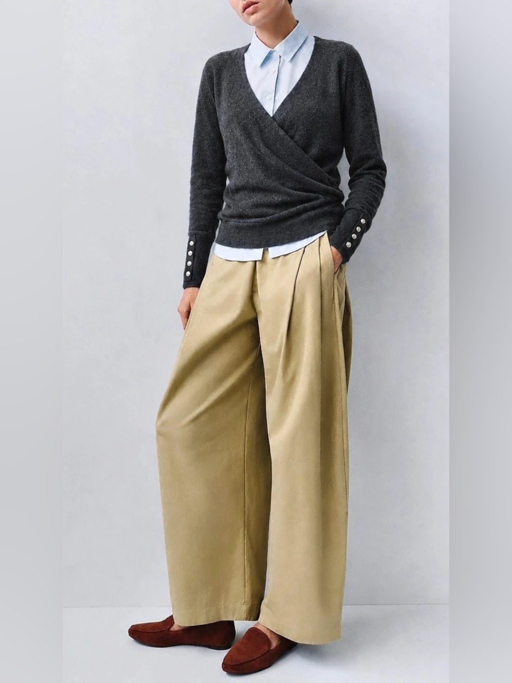 Chico's Graphite Heather Gray Cashmere-Blend Wrap Front Sweater Balletcore L - Picture 2 of 11